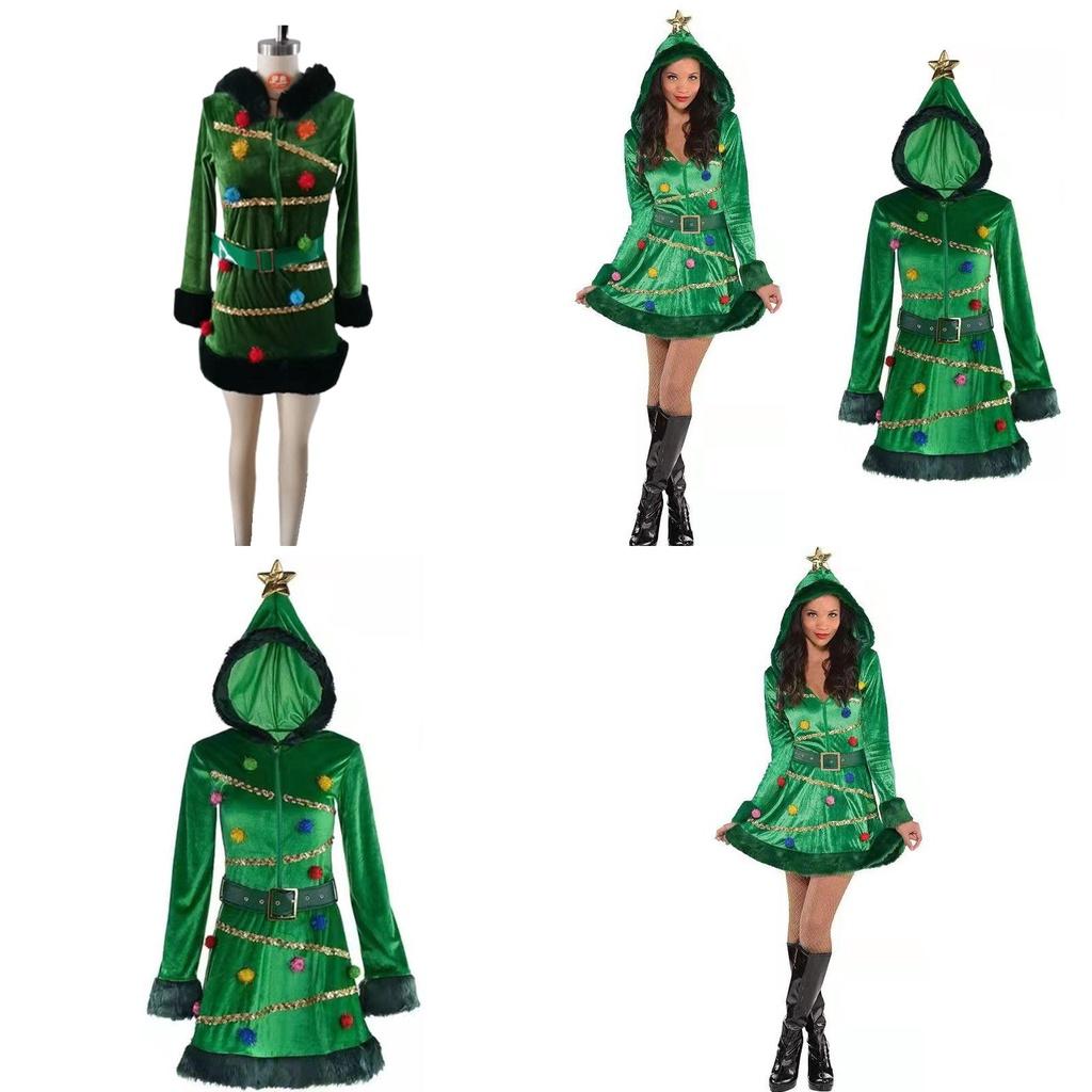 Lovely Women's Christmas Tree Dress Long Sleeve Hat Belt Outfit Xmas Gift