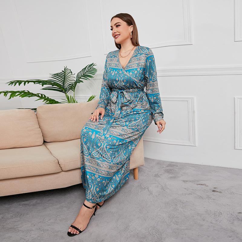 Spring and Autumn Women's Dress Plus Size Loose Women's V-Neck Long Dresses Vintage Temperament Printed Dresses