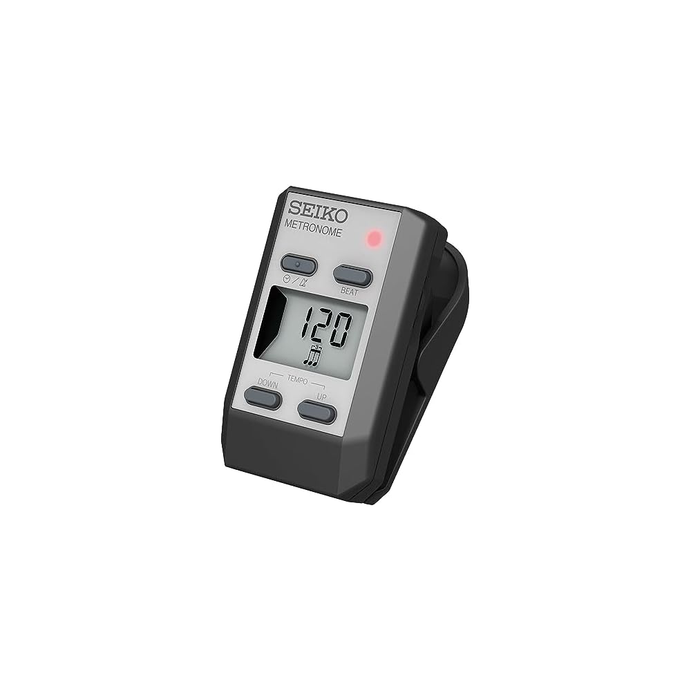 SEIKO DM51S Clip-on Digital Metronome, Silver. Features a rotary volume control for adjusting volume and muting.