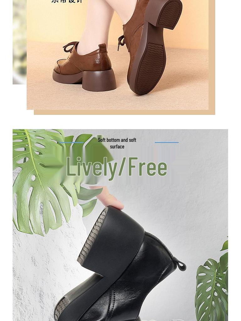 Neue Damen Echtleder Chunky Heel Schnür-Loafer - Britischer Stil, Runde Zehenpartie, Weiche Sohle, Rutschfest, Vielseitig für Frühling/Herbst