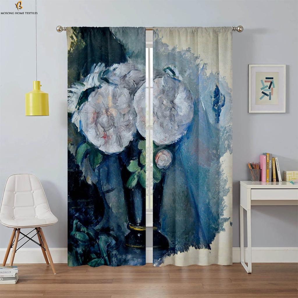 2 Pieces Blackout Curtains Landscape Oil Painting 3D Printing Curtains High Quality Black Silk Vintage Decorative Curtains