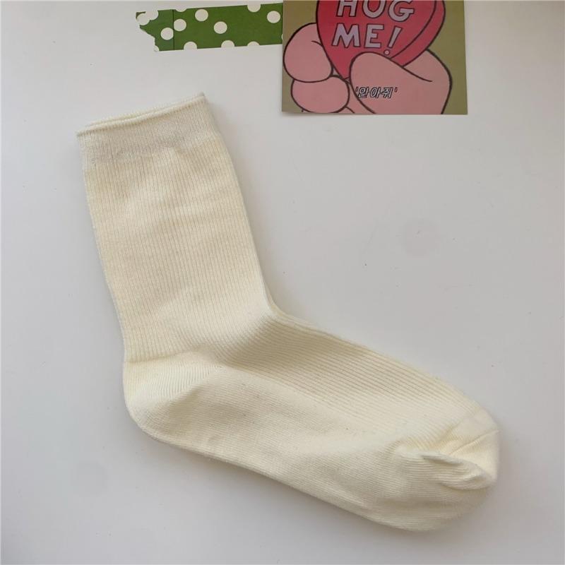Bomull Ensfarvede Sokker for Kvinner, Høst Tynne Tynne Stripete Frotte-sokker for Kvinner, Midt-legg Sokker