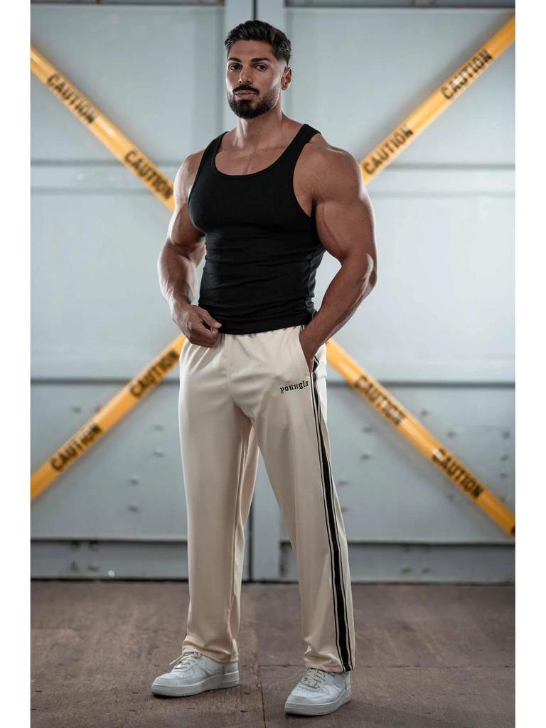 YOUNGLA Men's Patchwork Stripe Track Pants - Casual Embroidered Gym Sportswear