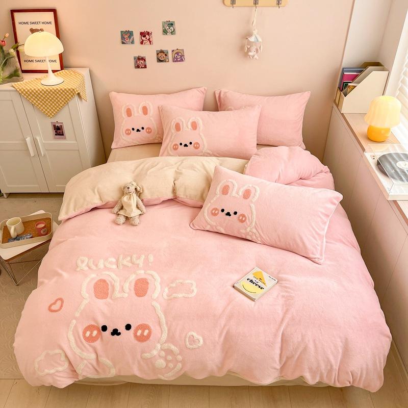 Cartoon Milk Velvet Four Piece Patch Embroidered Coral Velvet Quilt Cover Flannel Sheet Quilt Cover