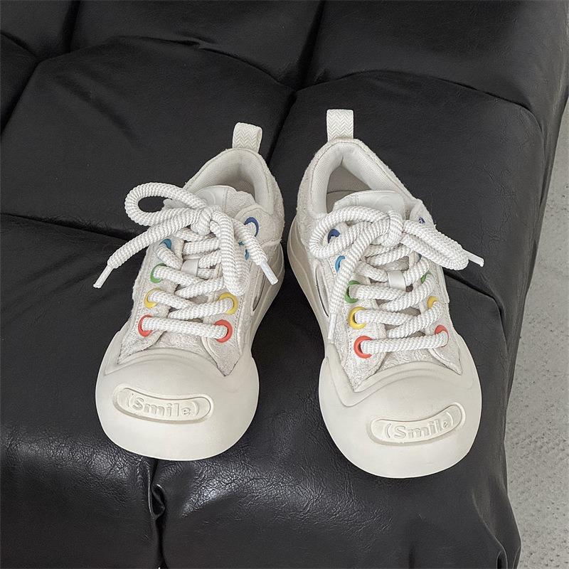 58093 White Deer Smiler Open Smile Canvas Shoes Inner Height Increase Thick Sole Round Head Black and White Big Head Shoes