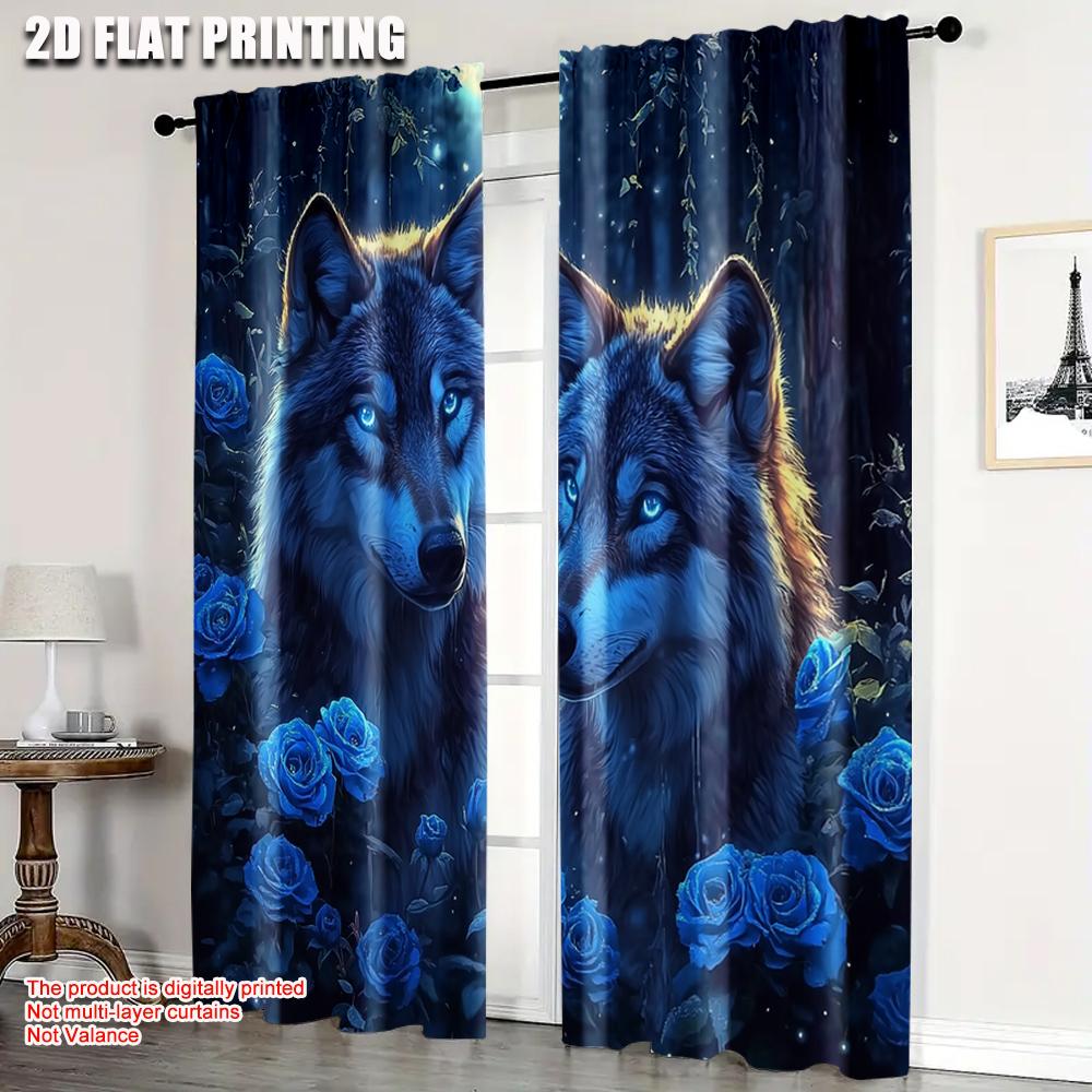 

2pcs 2D plane printing Minimalist Curtains Mystical Wolf & Blue Roses Polyester Easy Install (without rod) Holiday for Kitchen 100*130 Grommet Top 1pcs