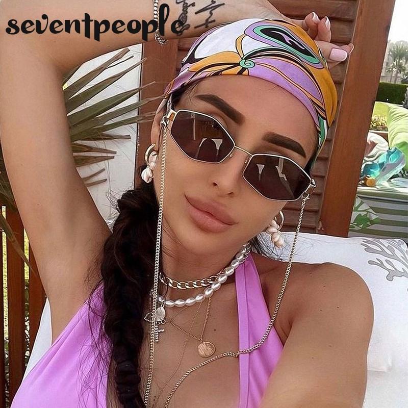 Fashion Small Irregular Sunglasses Women  Luxury Brand Designer Trendy Polygonal Sun Glasses Ladies with Metal Eyewear Chain