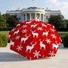 Automatic Open/Close Folding Umbrella with White Reindeer & Snowflake Patterns - Compact Travel Umbrella, Red Christmas Gift F