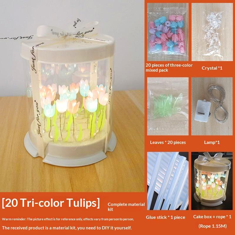Lampada a Tulipano Fai-da-te Fiore Artificiale Mare di Fiori Scatola per Torta Lampada da Tavolo per Camera da Letto Lampada Notturna Decorazione Artigianale Fatta a Mano Tulipani Regalo di Compleanno