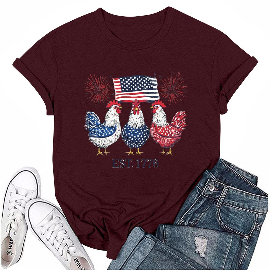 Camiseta feminina casual com estampa do Dia da Independência e gola redonda, manga curta