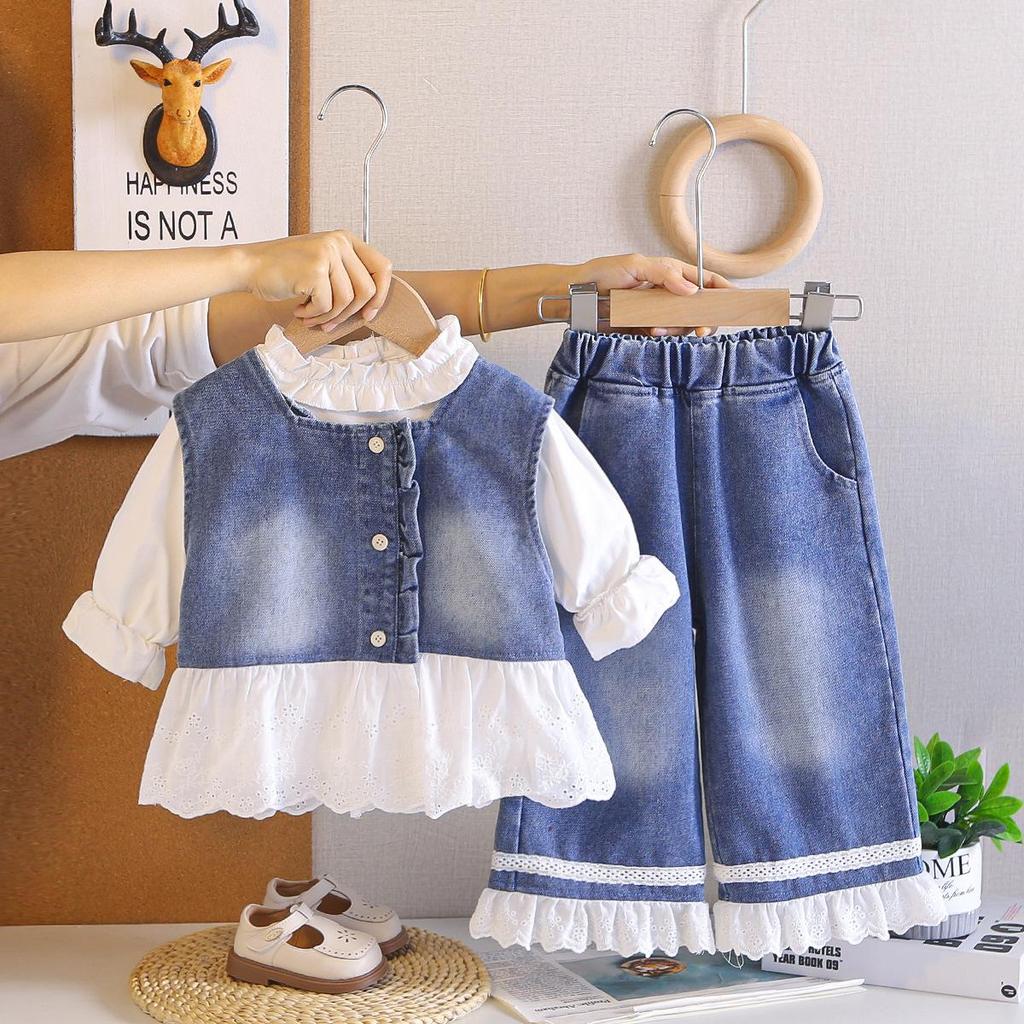Girls' Stylish Faux Two-Piece Denim Suit: Lace Trim Top & Wide-Leg Pants Set for Spring & Autumn