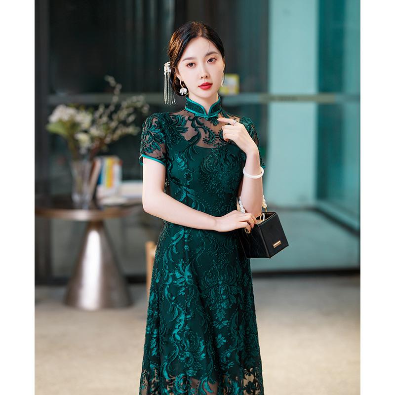1011 ilkbahar ve yaz siyah dantel cheongsam genç seksi moda orta ve uzun mizaç geliştirilmiş zarif elbise