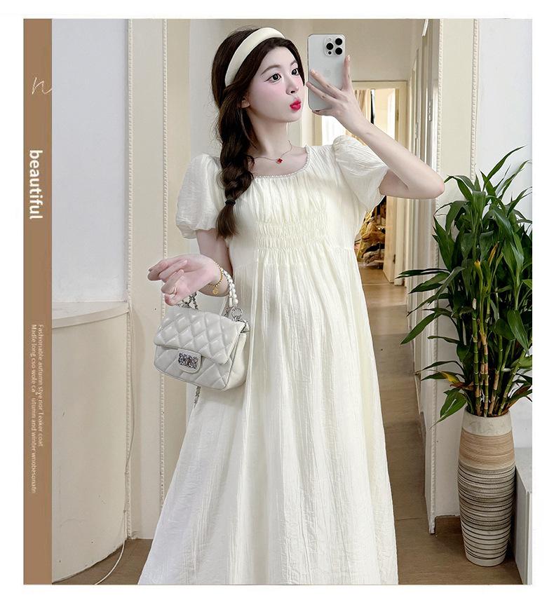 2026 Summer Sweet Puff Sleeve Maternity Dress - Slimming, Loose, and Belly Covering