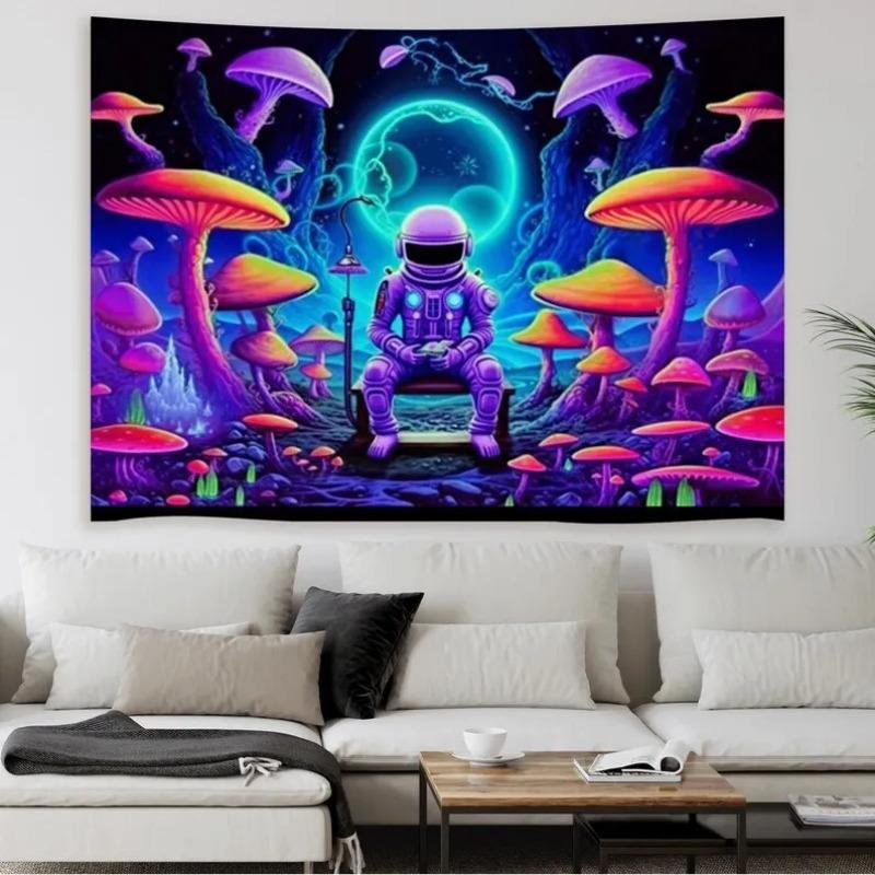 Blacklight Astronaut Mushroom Tapestry Psychedelic Space Wall Hanging for Bedroom Living Room Home Decor