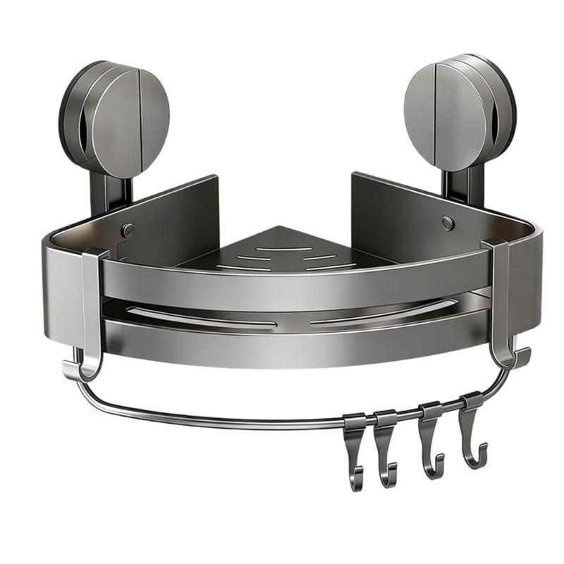 

Space Saving Aluminum Bathroom Organizers With Adjustable Hooks And Drying Rack Suction Mounted For Wet Environment 1