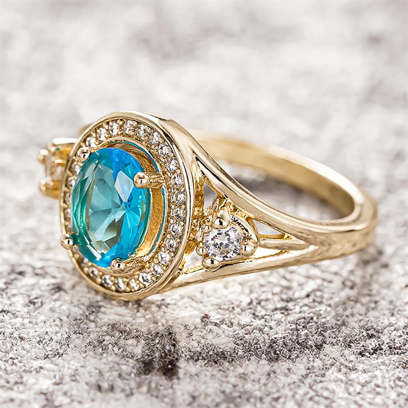 Huitan Gold Color Ring for Women Fashion Party Daily Versatile Luxury Wedding Inlaid Shiny Blue CZ Elegant Accessories JewelryGood product