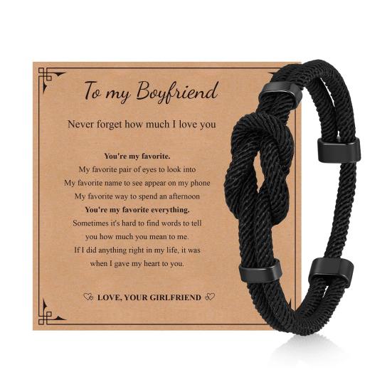 Yousheng Adjustable Men Rope Bracelet Infinity Knot Bracelet Simple Black Rope Bracelet with Card Gift for Husband Boyfriend Brother