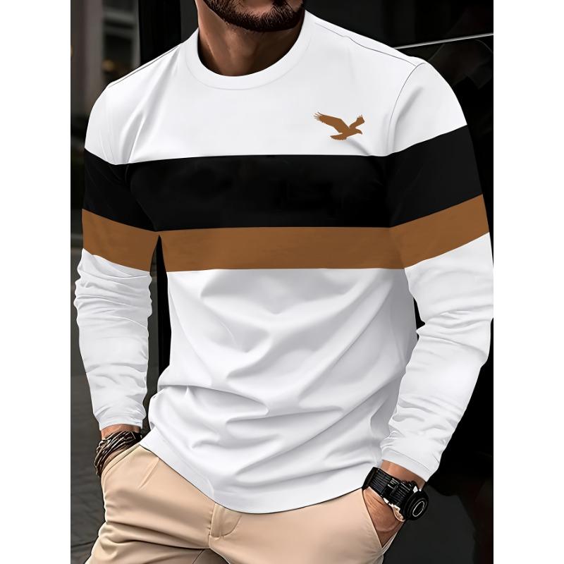 Men's Fashion Eagle Print Long Sleeved T-shirt Casual Round Neck