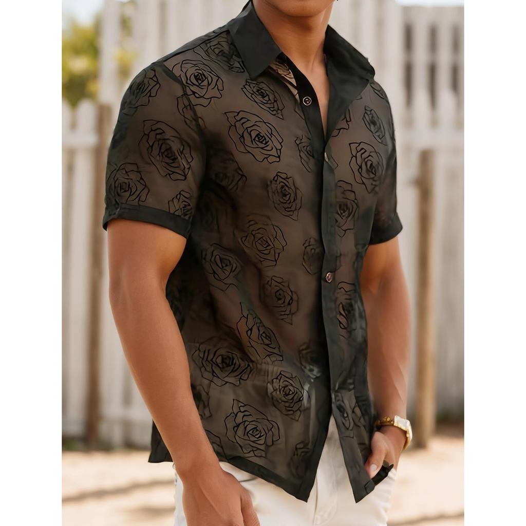Men's Rose Floral Mesh Sheer Button Short-sleeved Shirt