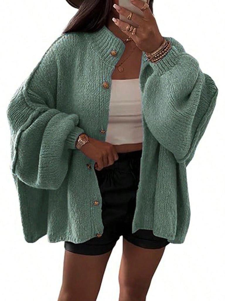 Autumn/Winter Solid Color Knit Button Cardigan with Large Sleeves - Casual Style