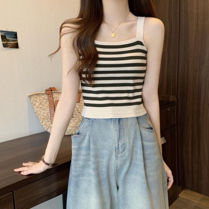 Women s Color Block Striped Camisole - Sleeveless Slim Fit Knit Top One Size зелёный