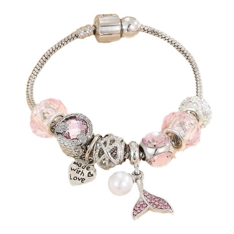 Handmade Beaded Bracelet Crystal Ball Heart Charm Mermaid Tail Pearl Pendant Jewelry Gift for Women