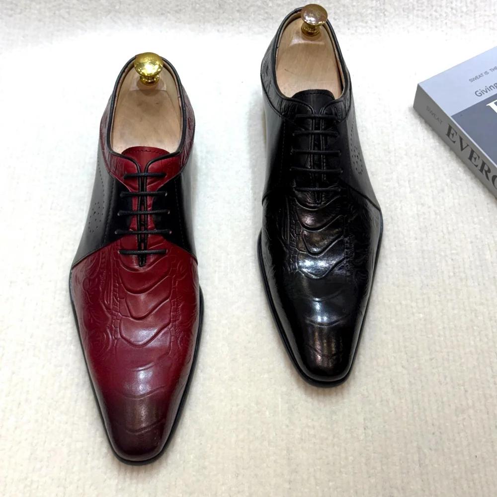 Fashion Luxury Men's Genuine Leather Dress Shoes Black Red Pointed Cap Toe Formal Oxford Lace-Up Party Wedding Footwear