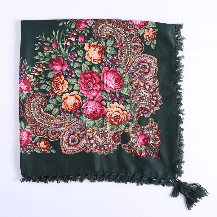 90*90CM Women Russian Style Peony Floral Printed Long Tassel Large Square Scarf Warm Wrap Traditional Ethnic Mexican Shawl