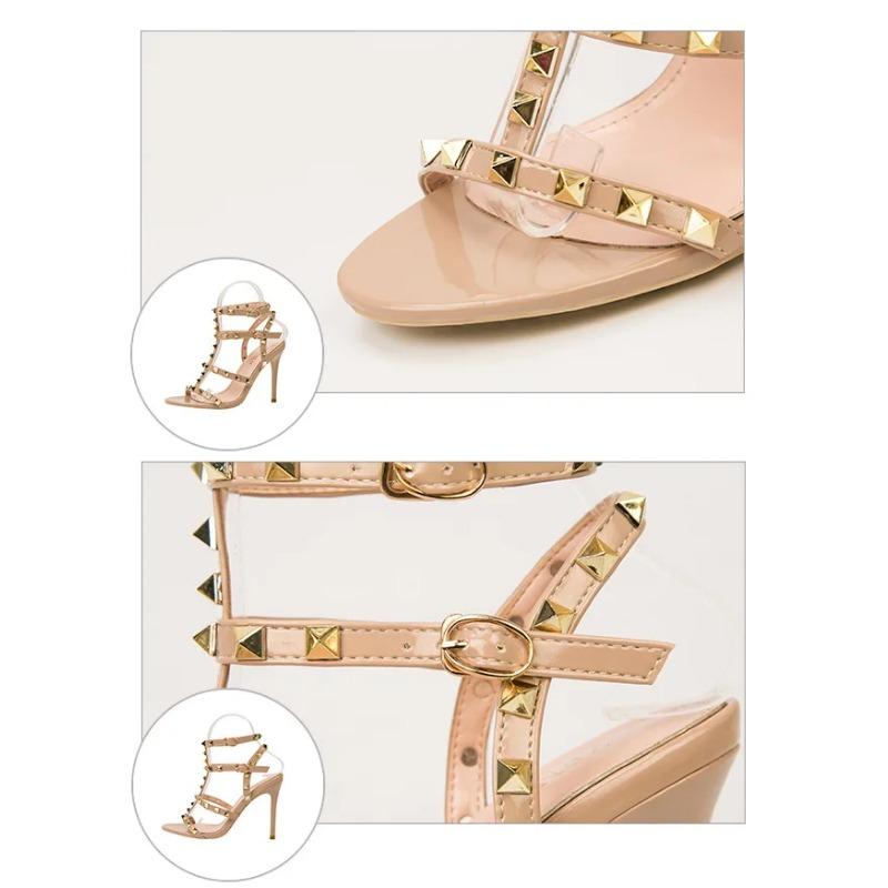Fashion Sexy Nightclub 10cm High Heels Patent Leather Metal Rivets Sexy Nightclub Sandals Roman Shoes Womens Luxury Zapatos