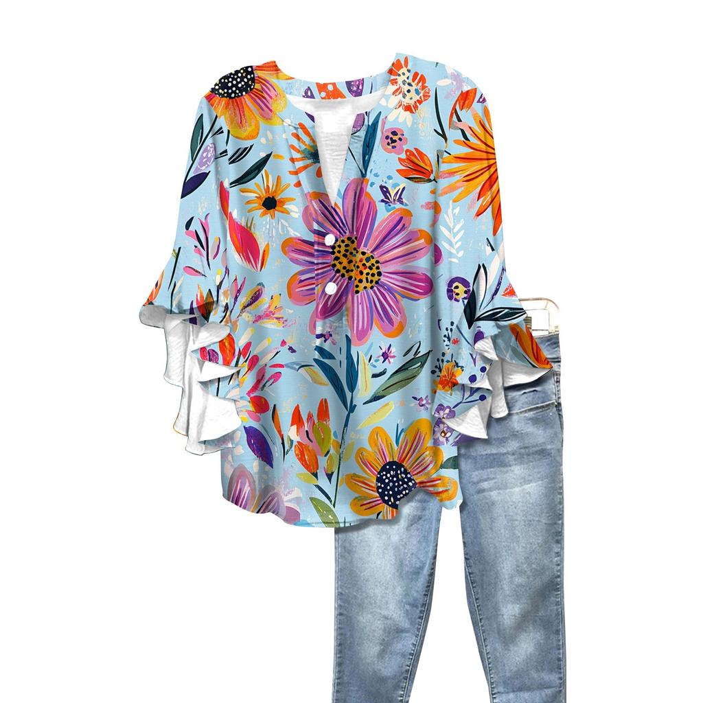 Letnie damskie topy z dekoltem w serek i rękawem trzy czwarte, koszule w stylu vintage z kwiatowym nadrukiem, codzienne koszule