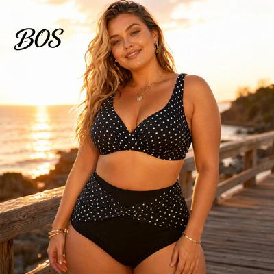 Übergröße Bikini Set 2 Teile/Set Set, Kreuz-Brust V-Ausschnitt BH mit integriertem Halt, V-Ausschnitt High-Waist Twist Badehose, Retro Punkt Design Schnelltrocknend