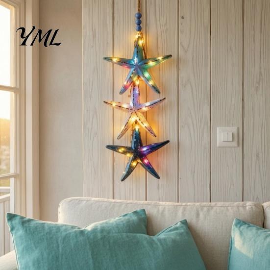 Maritime Inspired Home Accessories Lighted Wooden Fish Starfish Wall Decor, Beachy Decor with Warm LEDs, Handmade Beach Style Accents Coastal Nautical