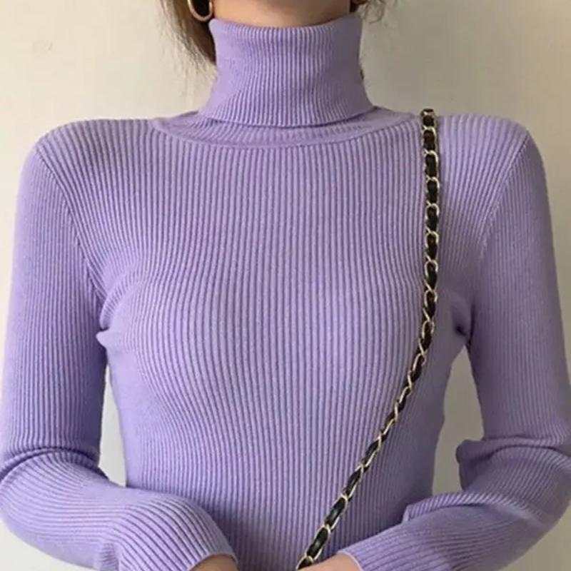 

Женский осенний свитер с высоким воротником, вязаные мягкие пуловеры, кашемировые джемперы, базовые мягкие свитера для женщин, осень-зима One Size фиолетовый