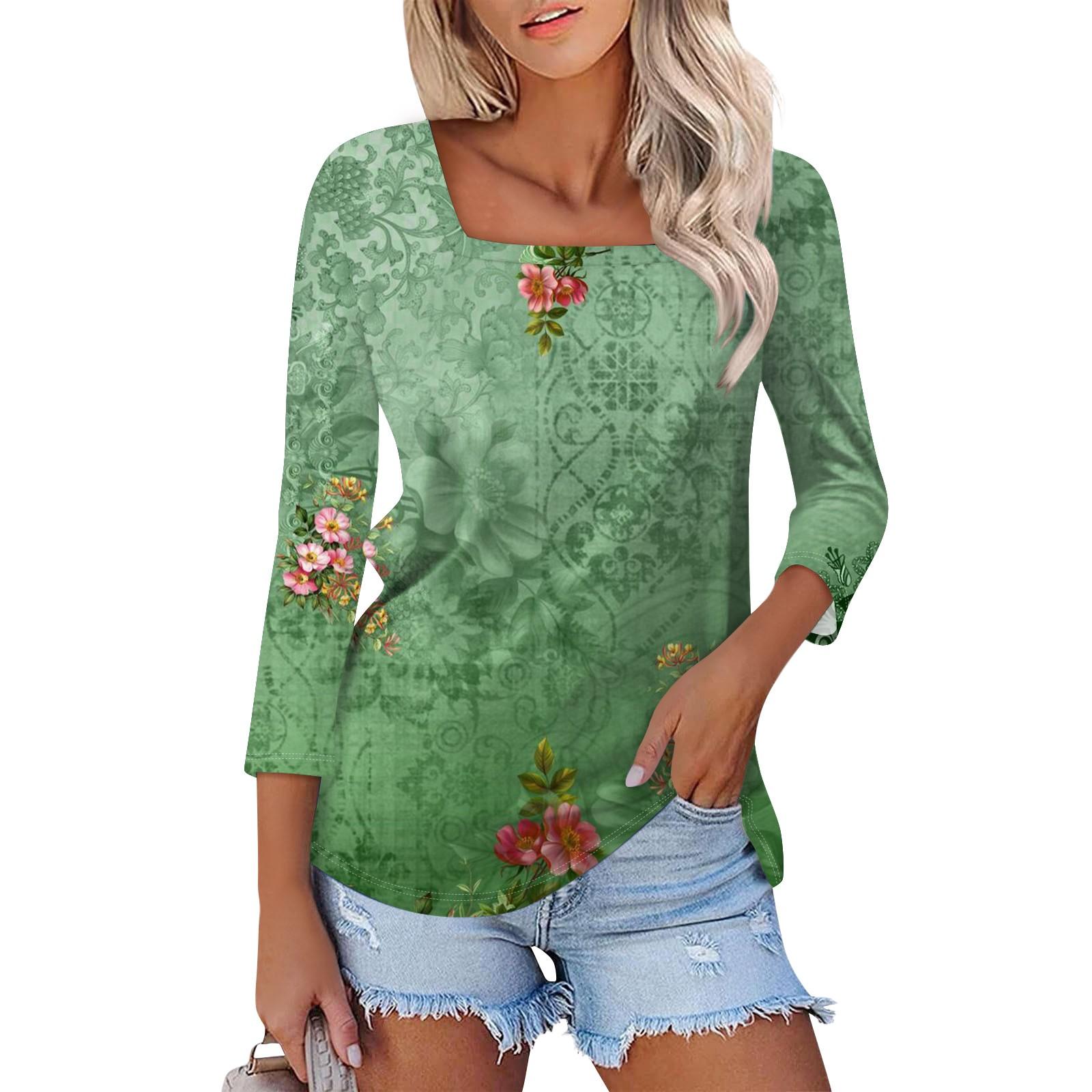 

Рубашка для женщин, модная повседневная свободная футболка с квадратным вырезом и рукавами 3/4, женский топ M зелёный