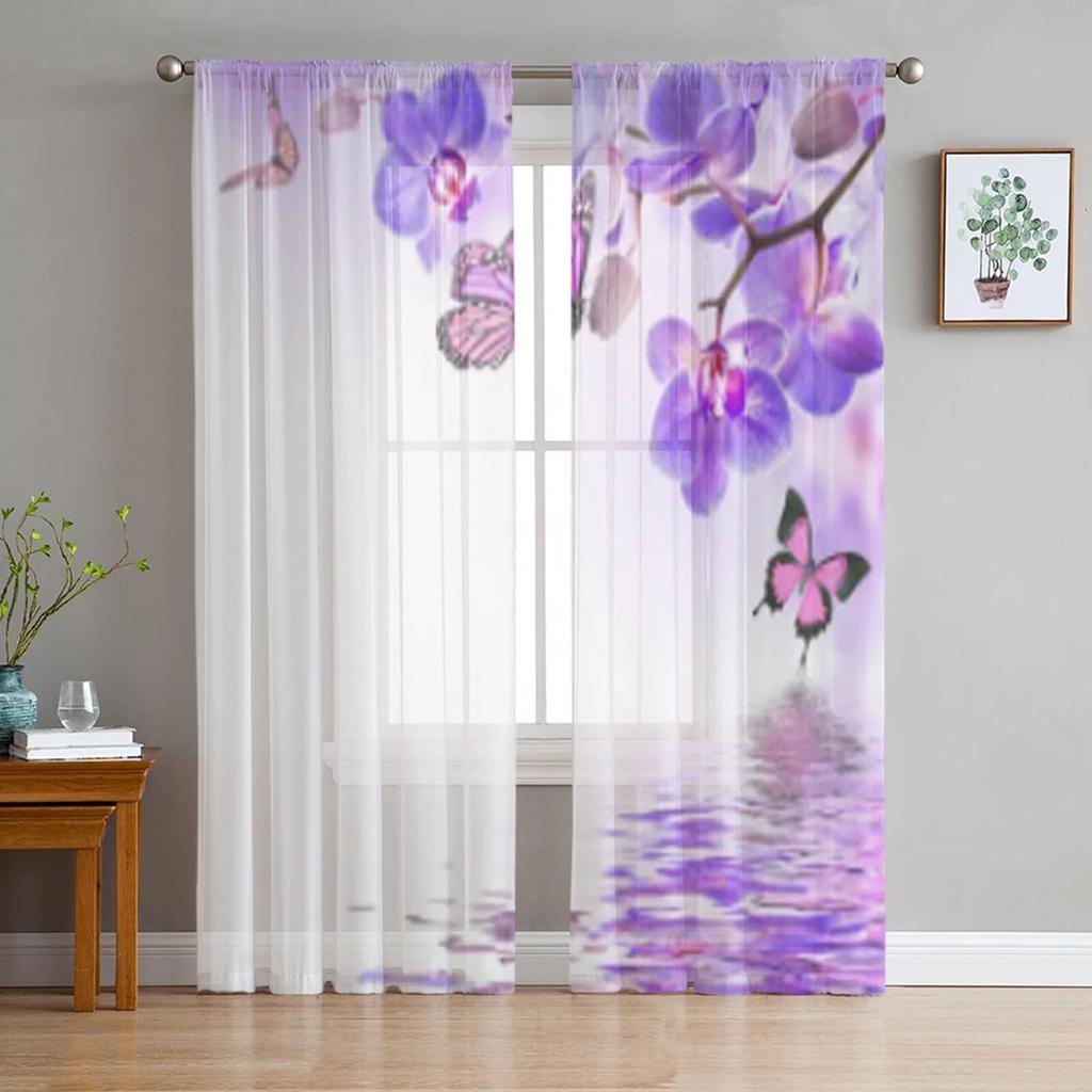 Tropical Orchids Floral And Butterfly Tulle Curtains For Living Room Decoration Modern Veil Chiffon Curtains Bedroom Sheer Voile