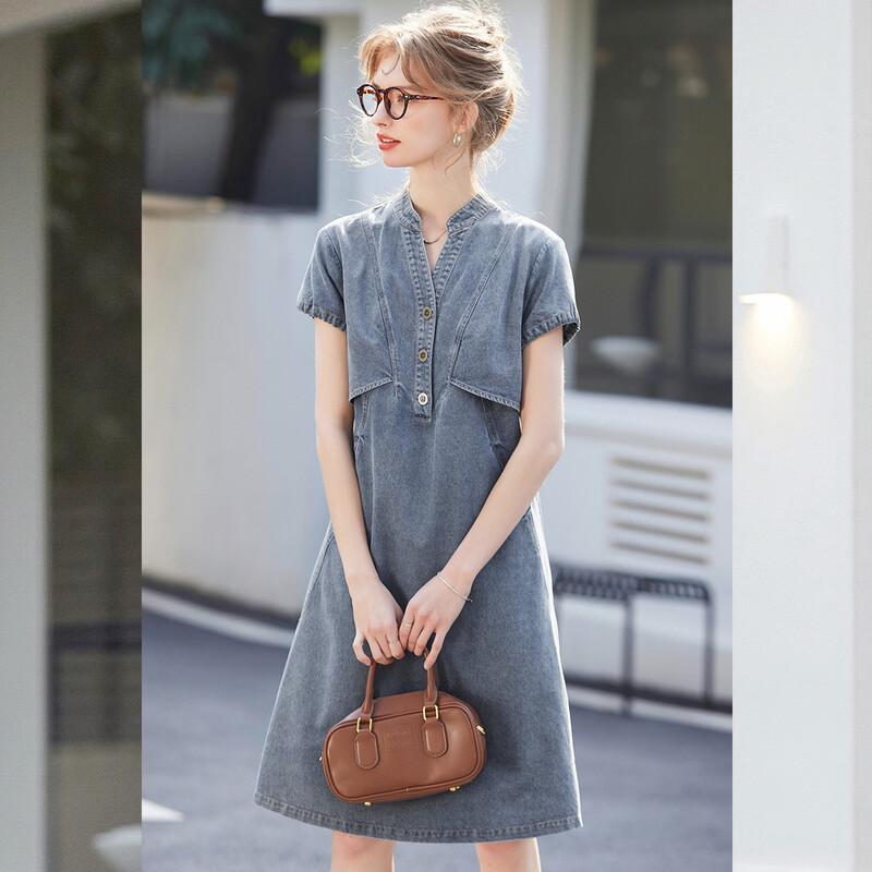 Bailuyu Women's V-Neck A-Line Denim Dress with Adjustable Short Sleeves