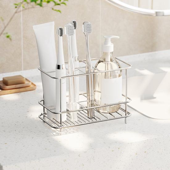 Stainless Steel Toothbrush Holder Bathroom Toothpaste Holder Stand with Quick Drainage Countertop Organizer for Bathroom Accessories