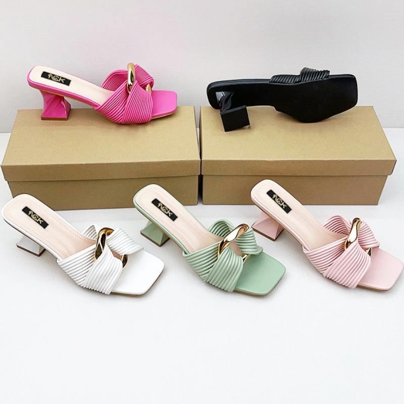Fashion 2025 New Women's Square Toe Open Toe High Heel Sandals Chunky Heel Metal Buckle Strap Fashion Slides