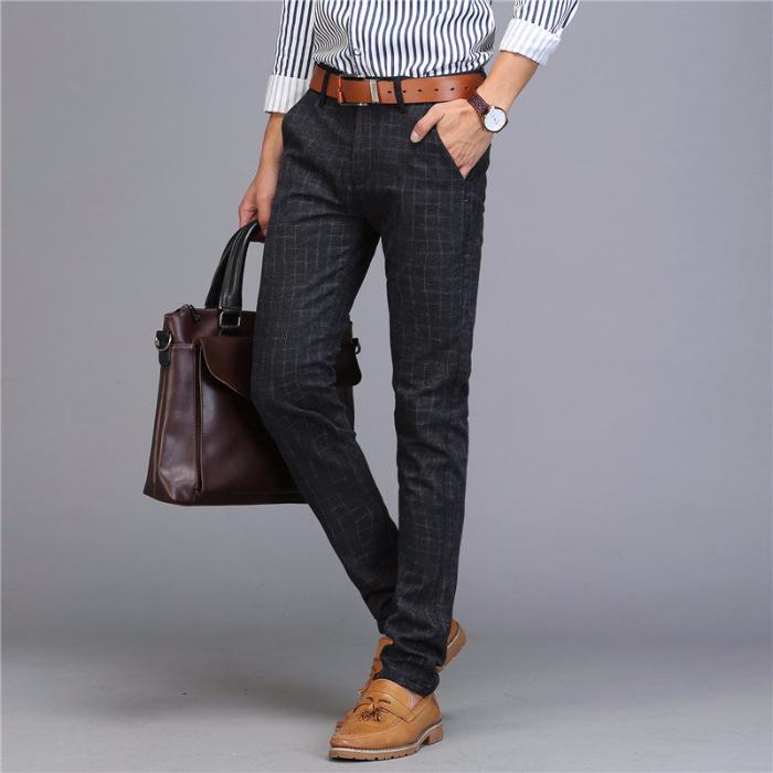 Herbststil Trendige Elastische Herren Business Baumwolle Leinen Karierte Herren Schmalbeinige Freizeithose