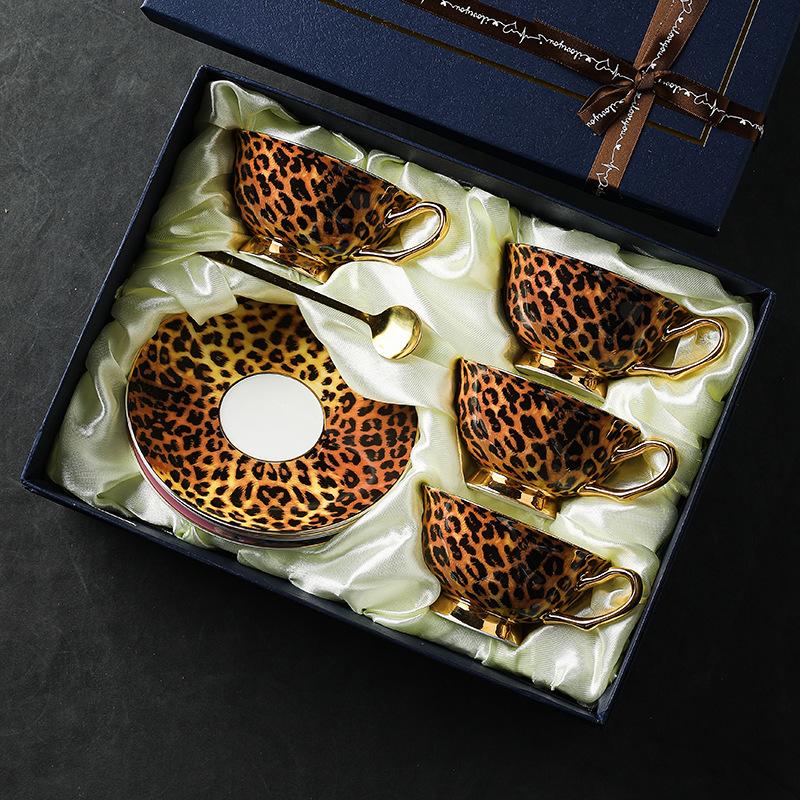 Leopard Pattern Bone Control Porcelain Premium Coffee Cup European Small Luxury Afternoon Tea Cup Set Ceramic Cup and Plate