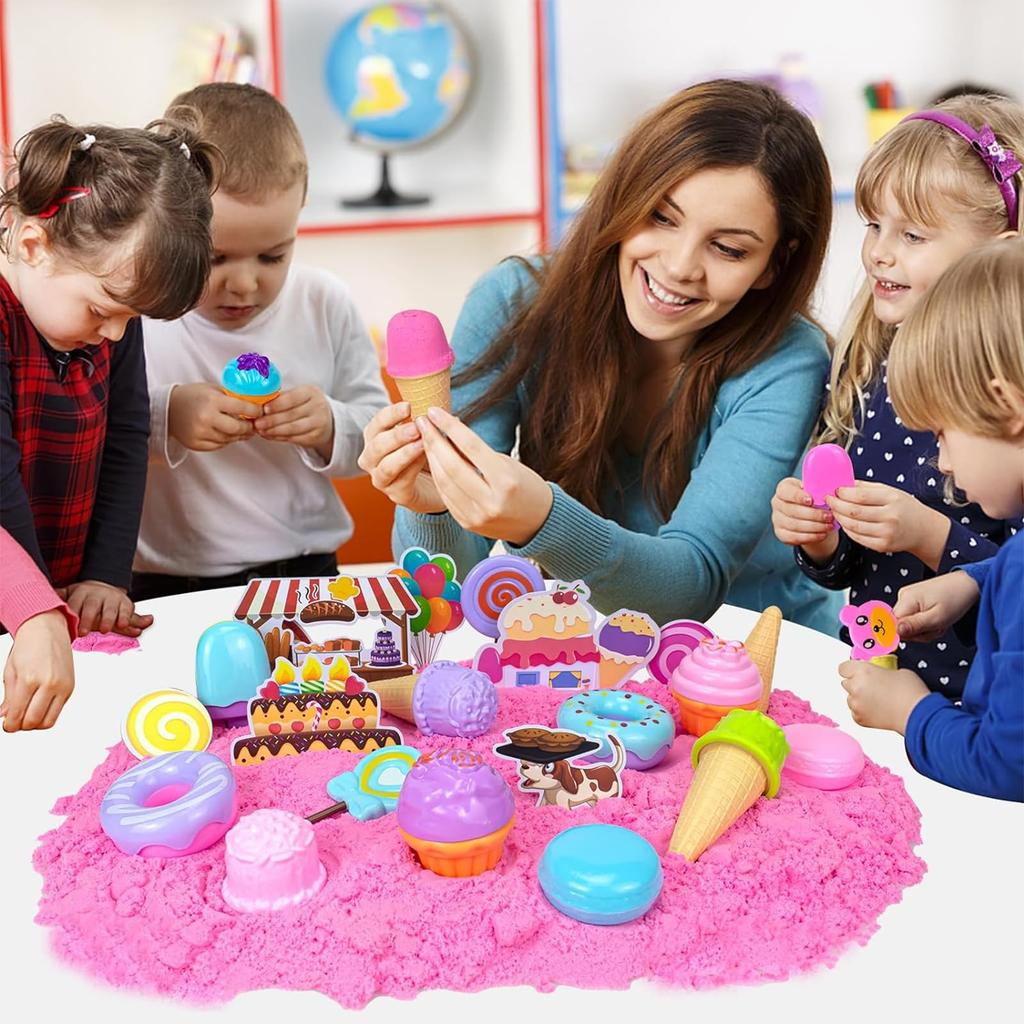 Sand Play Toy Set for Kids, Sand and Clay, Storage Box, Sandbox for Indoor and Outdoor Use, Pink Series, Ice Cream, DIY Model Making, Clay, Girls,
