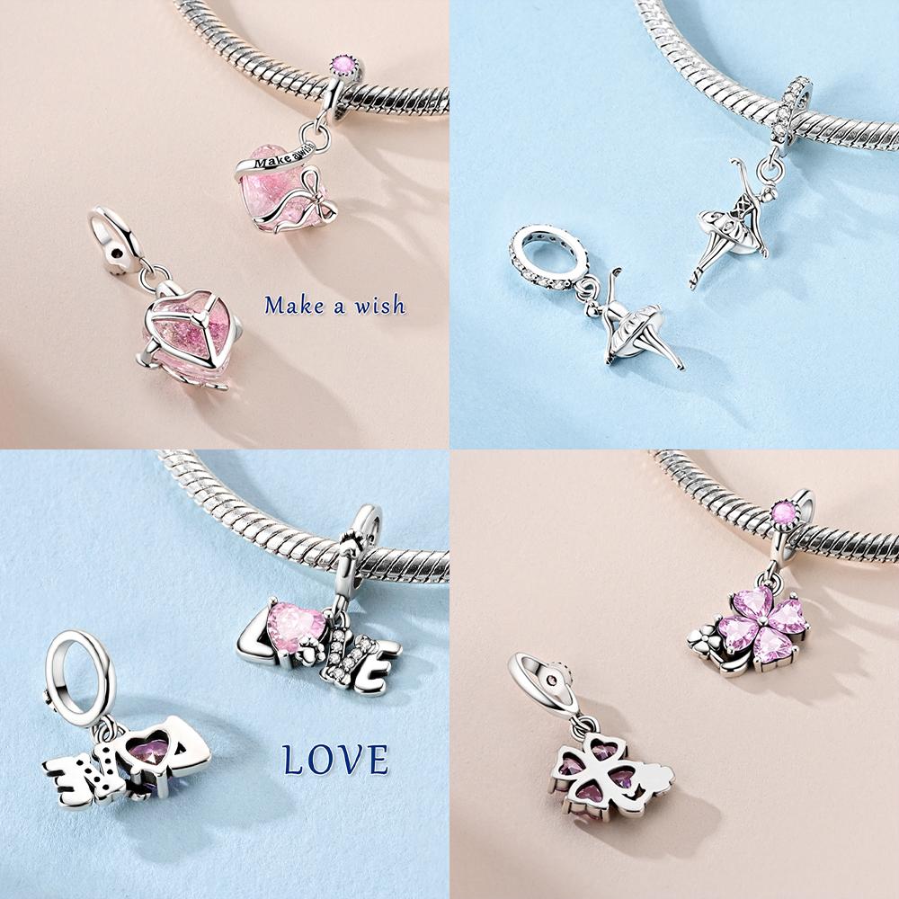 Original Copper Pink Love Dog Ballet Girl Star Four-Leaf Clover Bead Fit Women Bracelet Diy Valentine Gift Jewelry