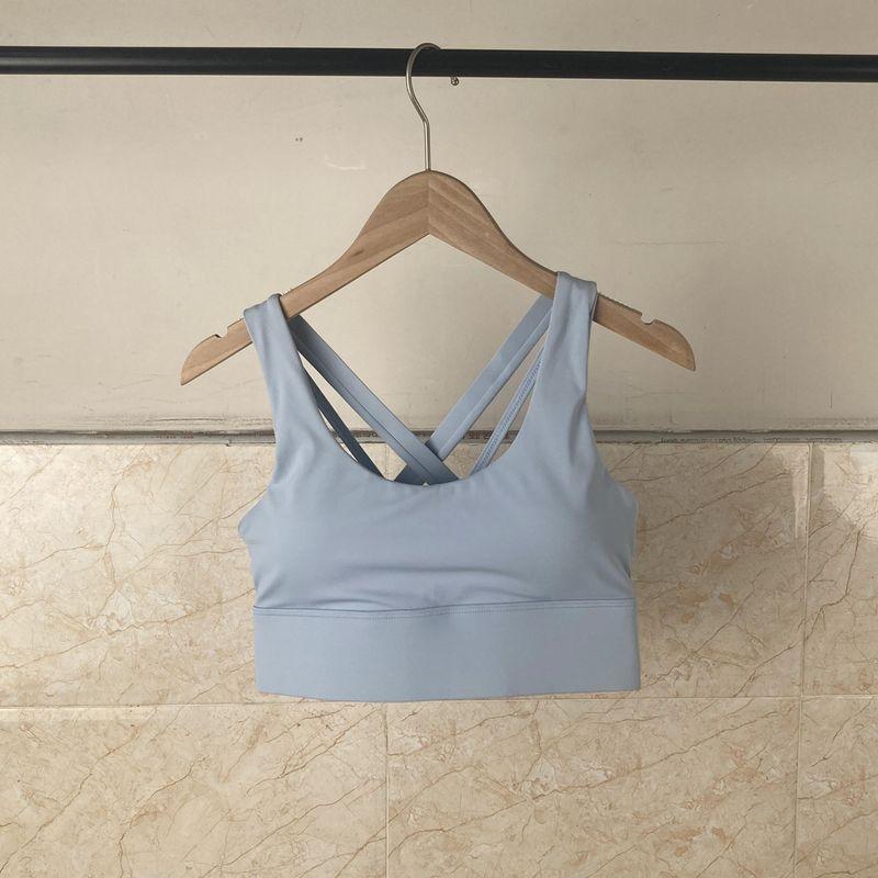 

Счетчик Тот же стиль Высокая эластичность Пузырчатая пленка Нейлон Жилет для йоги Пряжка Крест Быстросохнущее Спортивное тренировочное нижнее белье Женское Blue L