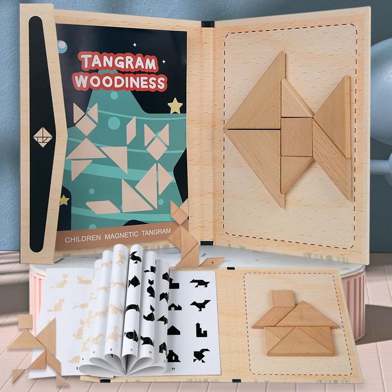 

Children Wooden Magnetic 3D Jigsaw Puzzle Board Geometric Shape Baby Tangram Color Montessori Educational Game Toy Boy Gift