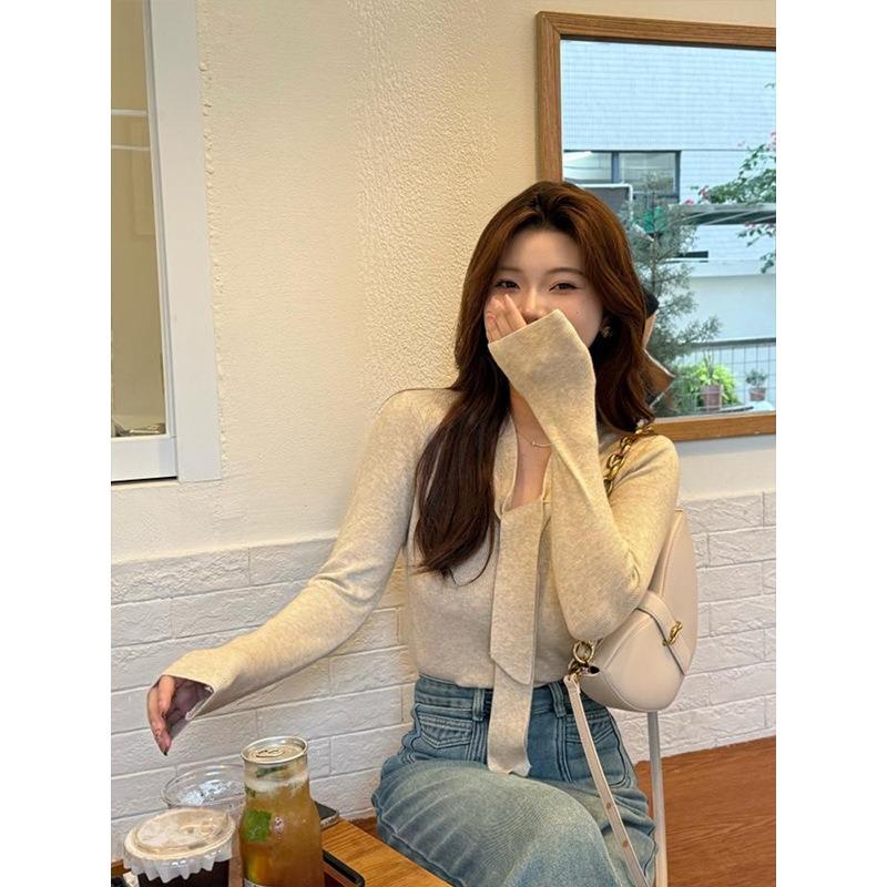 Early autumn light ribbon neck knitted sweater women's new autumn and winter high-end design sense inner bottoming shirt top
