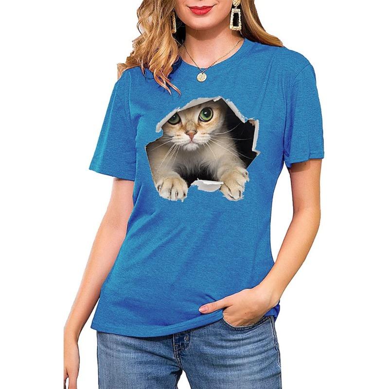 Ladies' V-neck T-shirt 3D Digital Printing Cute Cat Fashion Short Sleeved Casual Breathable Quick Drying Clothes