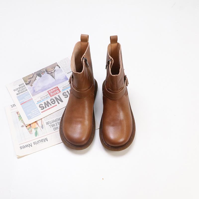 Johnature Retro Klamra Paska Skóra Naturalna Krótkie Botki Okrągły Nosek Boczny Zamek Płaska Podeszwa Damskie Botki