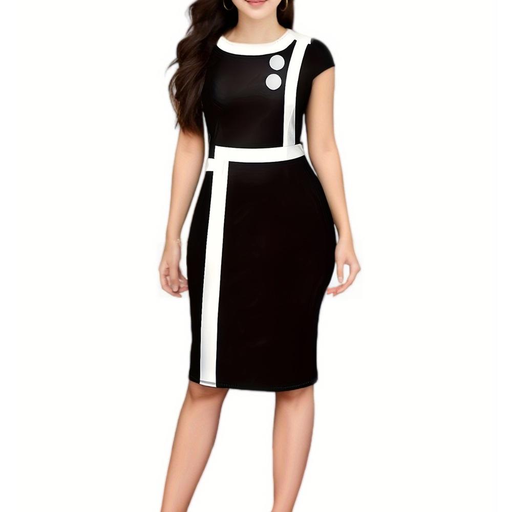 Dame Festkjole Rund Hals Ermeløs Fargeblokk Slank Passform Etui Høy Midje Knappedekor Knelang Formell Forretningsstil Ballgalla Bankett Midi