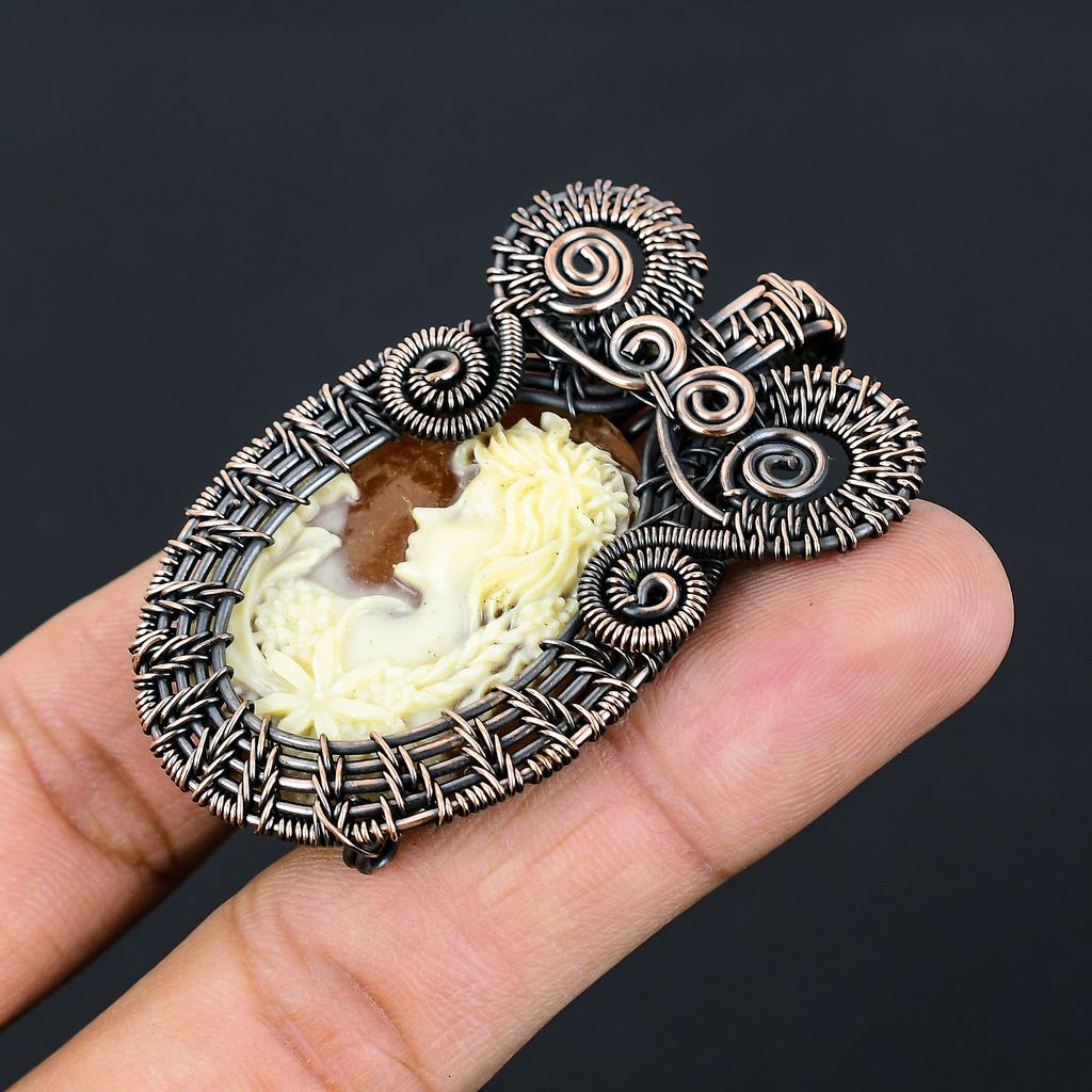 Natural Victorian Lady Bone Face Cameo Stone Copper Wire Wrap Pendant 2.36" i2y21