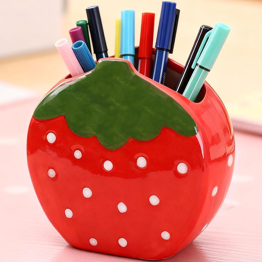 Toothbrush Holder Strawberry Pen Holder for Desk Cute Pink Vase Decor Makeup Brush Pencil Holder Kawaii Desk Accessories Aesthetic Office Home Decor